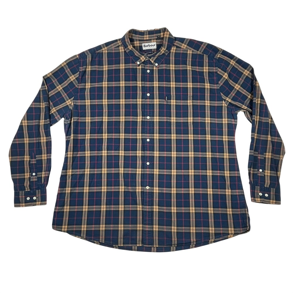 Barbour Button Down Shirt Mens XXL Navy Highland Check Tailored Fit MSH4272BL91